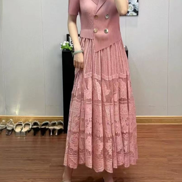 【文文家】SK232&SK236三宅褶皱轻奢女装#西装领蕾丝裙摆连衣裙