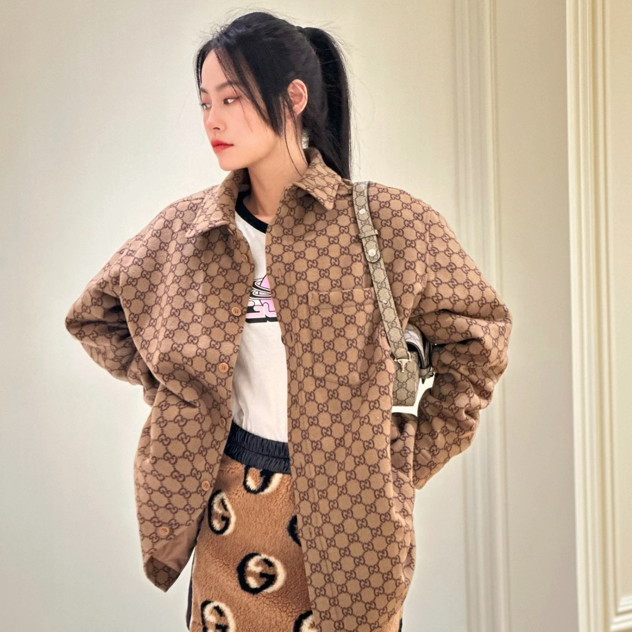 未使用 GUCCI/古驰 Gucci 满印长袖排扣外套 棕色46