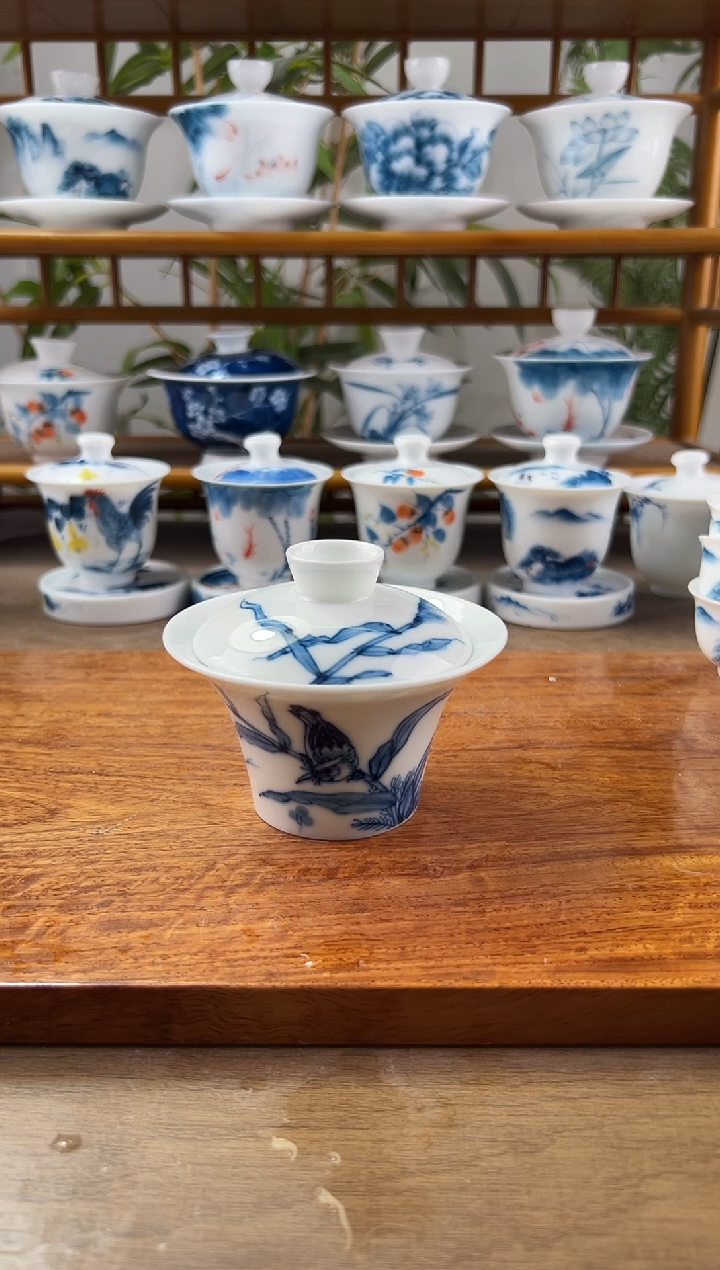 微瑕翠鸟二才马蹄盖碗