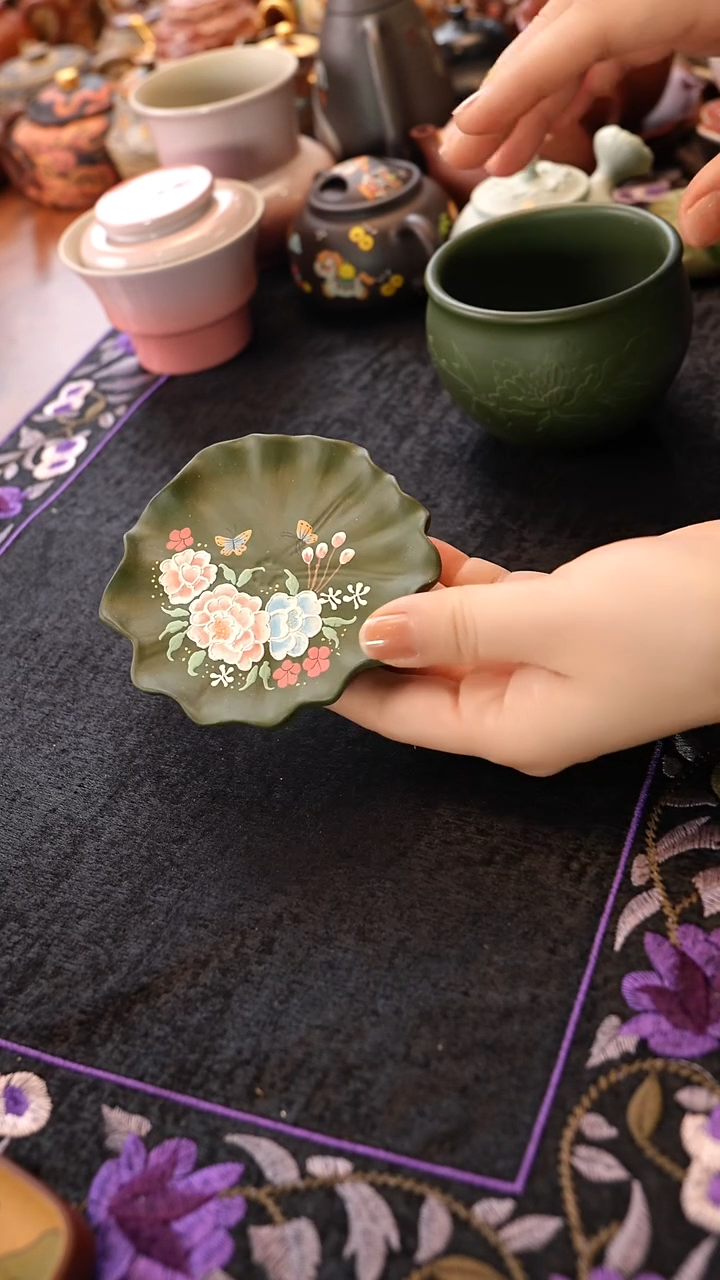 茶壶紫砂绿泥牡丹盘子