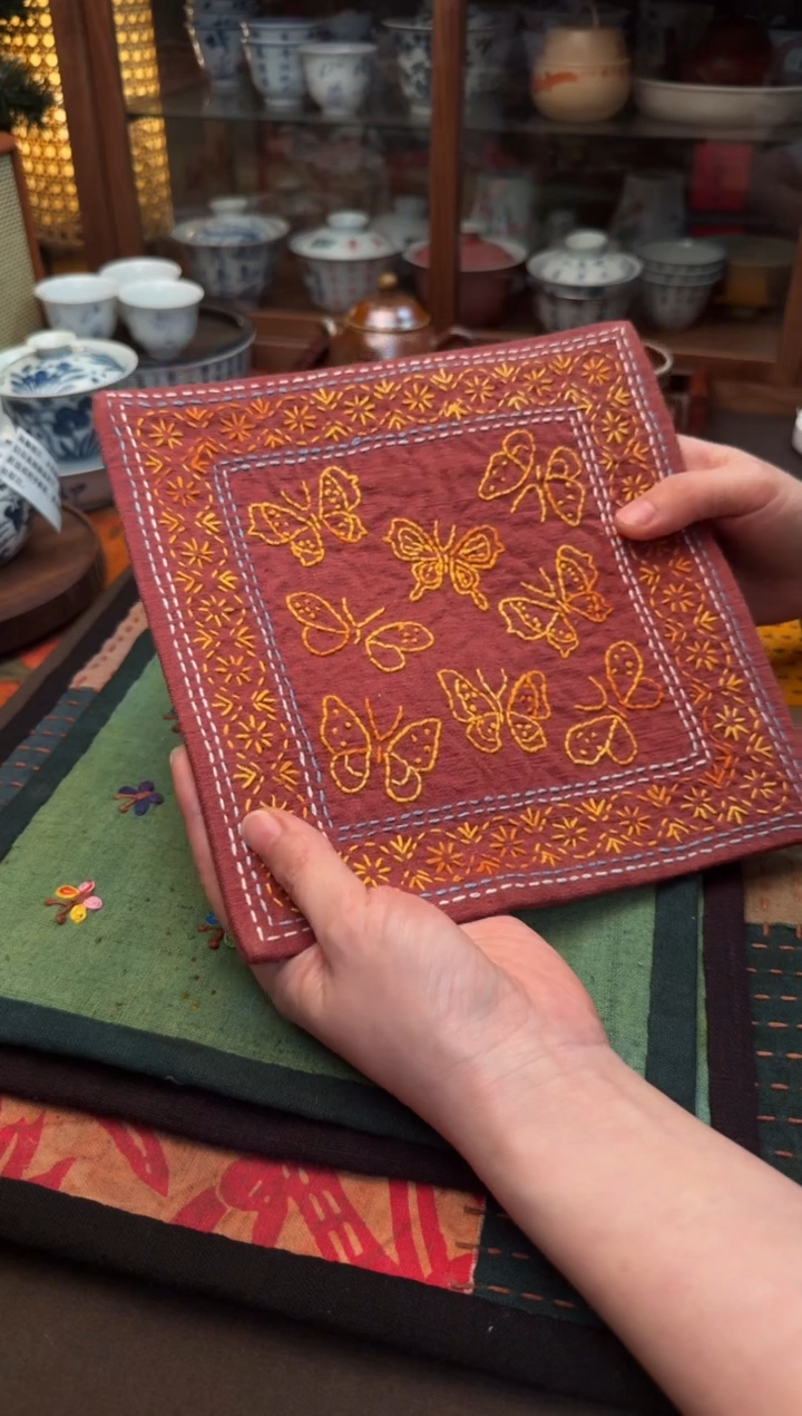 【闪购商品】织绣Cici手作刺子绣植物染柿染茶席-198