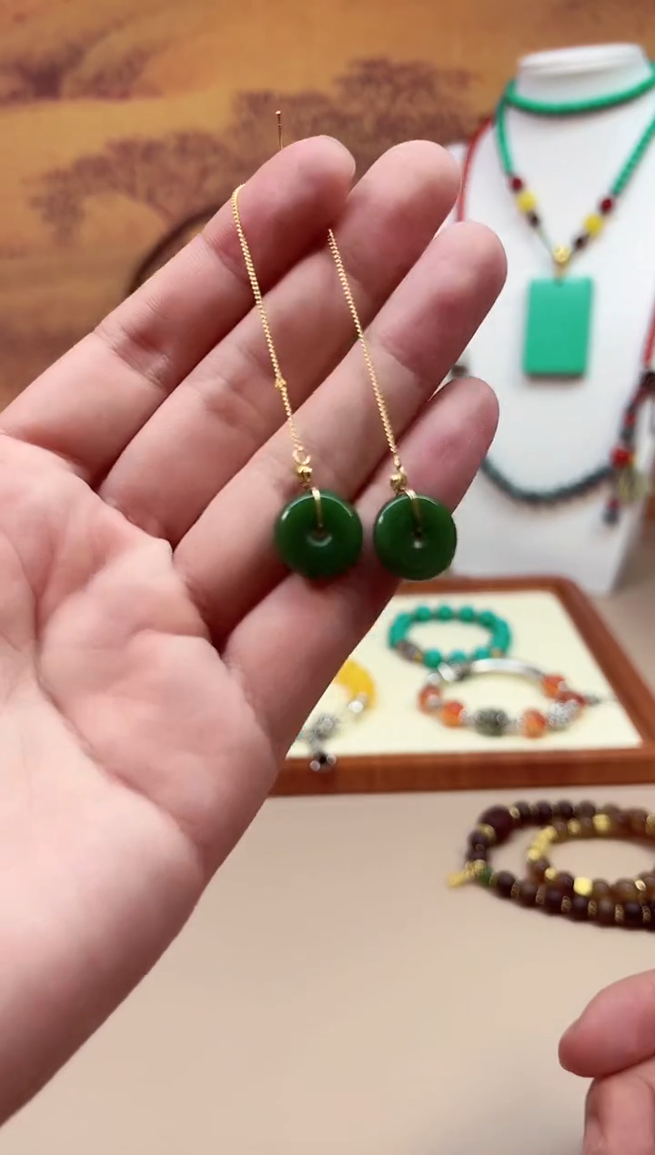 和田玉14K金镶嵌耳饰E403