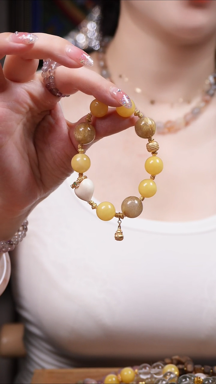 金发晶蜜蜡猛犸牙银S925镶嵌水晶手链