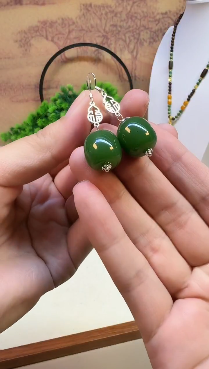 银S925镶嵌和田玉耳饰E176 