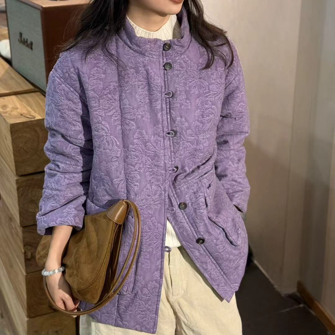 100%棉 8858 高端新中式复古盘扣亚麻炒色提花拜年棉服加厚