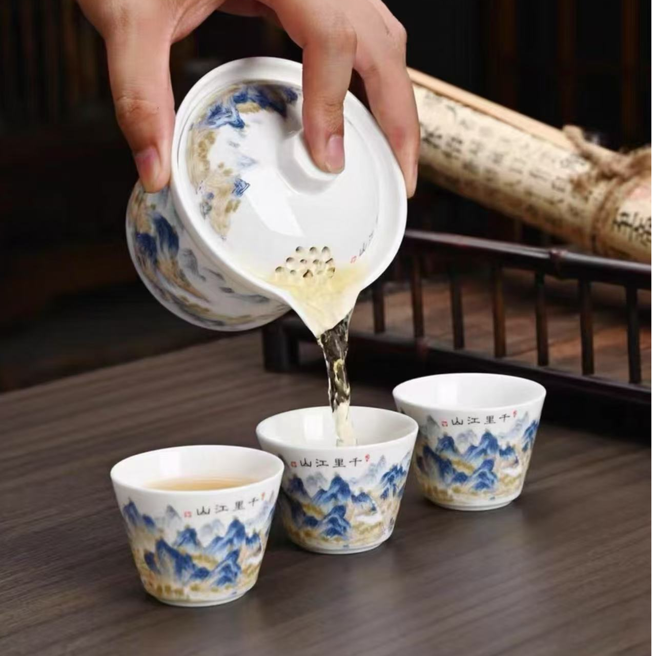 D378-千里江山旅行茶具高档陶瓷主人杯大号手绘白瓷珐琅彩瓷盖碗