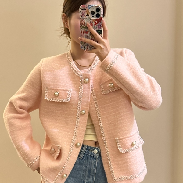 新款气质时尚短款百搭时尚法式女装小香风-B804粉色