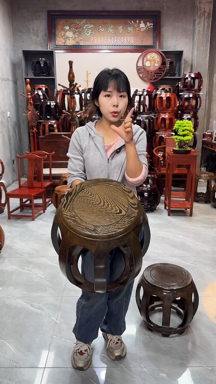 鸡翅木类家具鸡翅木大号45CM鼓凳一对（两条）   