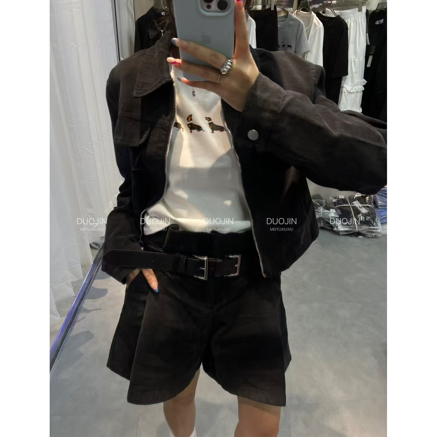 2228春季新款喷染做旧牛仔短款工装打褶a字叠搭宽松工装短裤套装