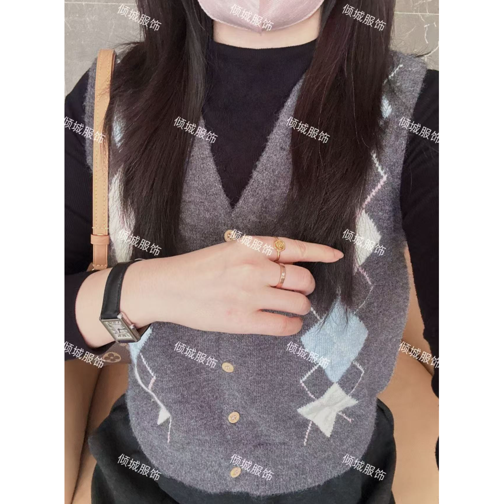 原创设计秋冬新款撞色图案毛衣马夹女B55
