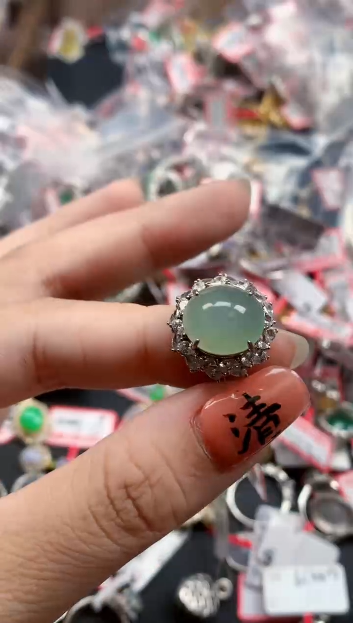 银S925镶嵌戒指翡翠天然A货缅甸翡翠