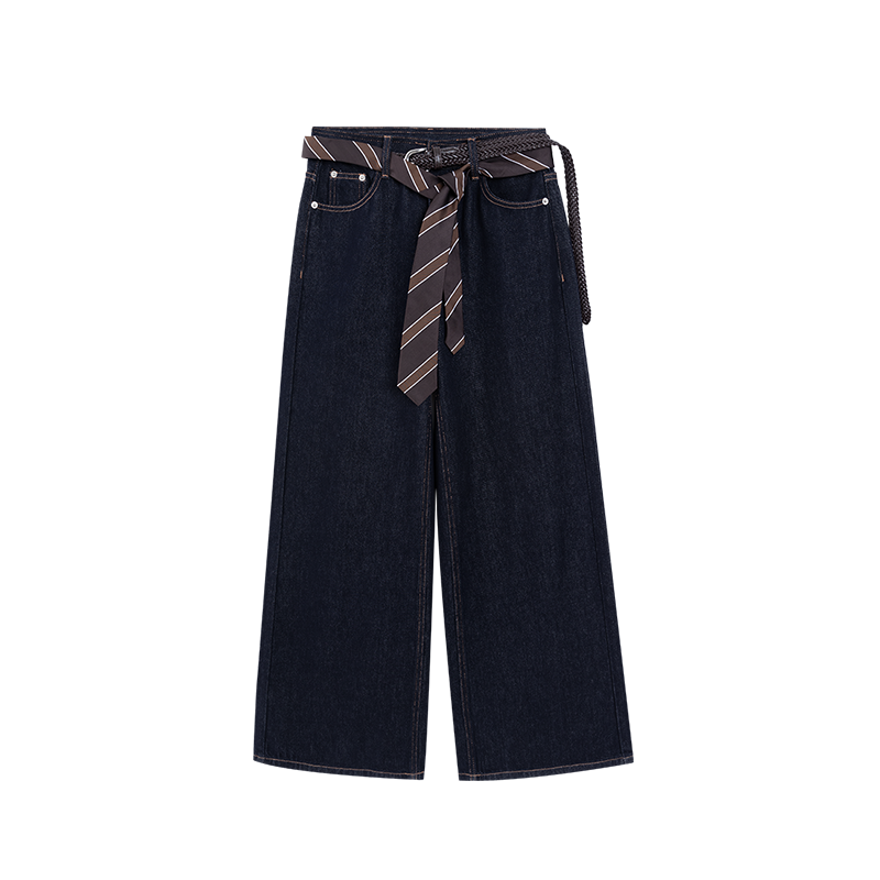 JGGU晶咕黑标气质双腰带装饰原色水洗牛仔裤显瘦直筒裤JG11250300