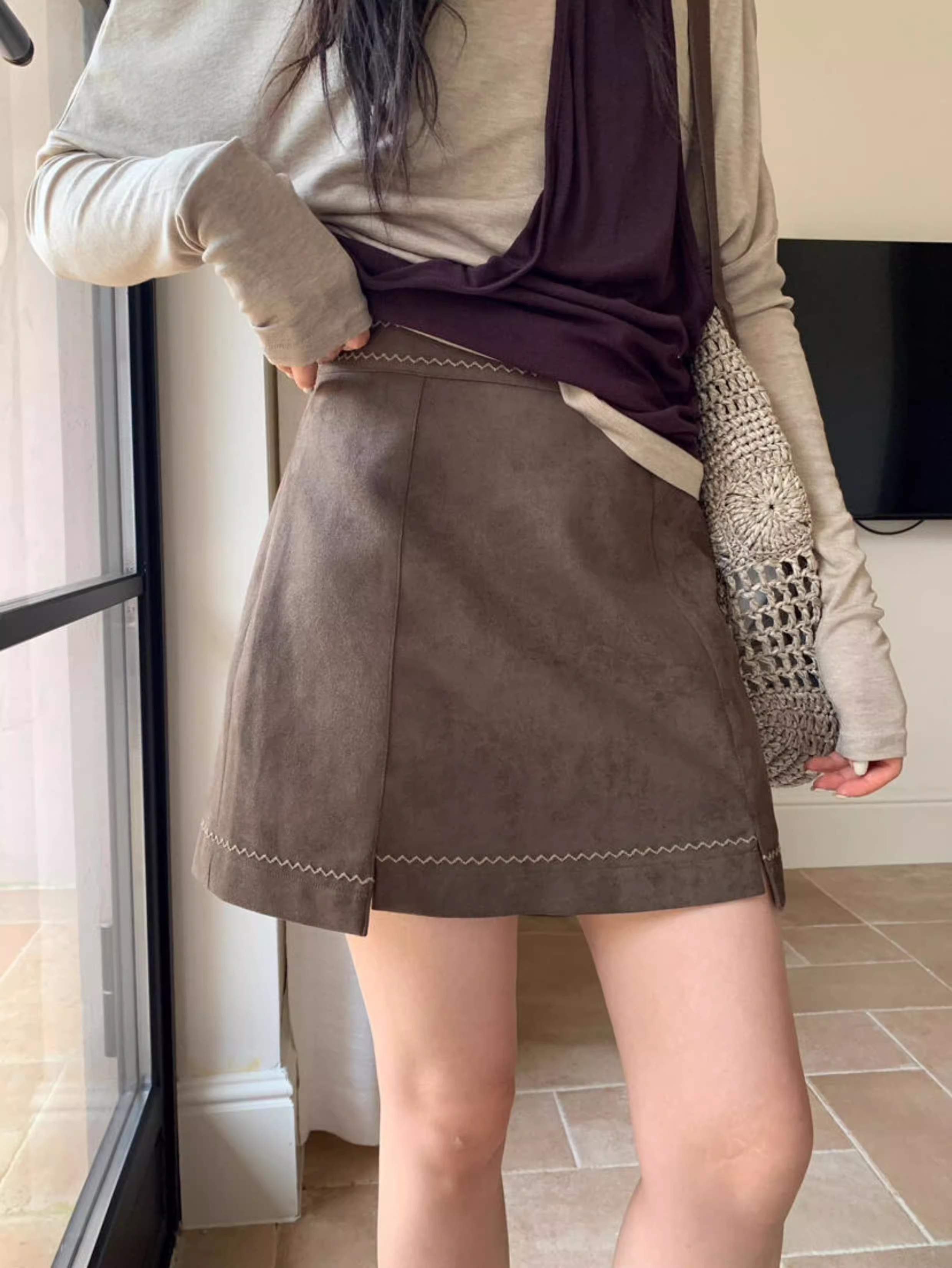 ONE BY TOW 早秋上新复古高腰A字版型线迹半身短裙27621