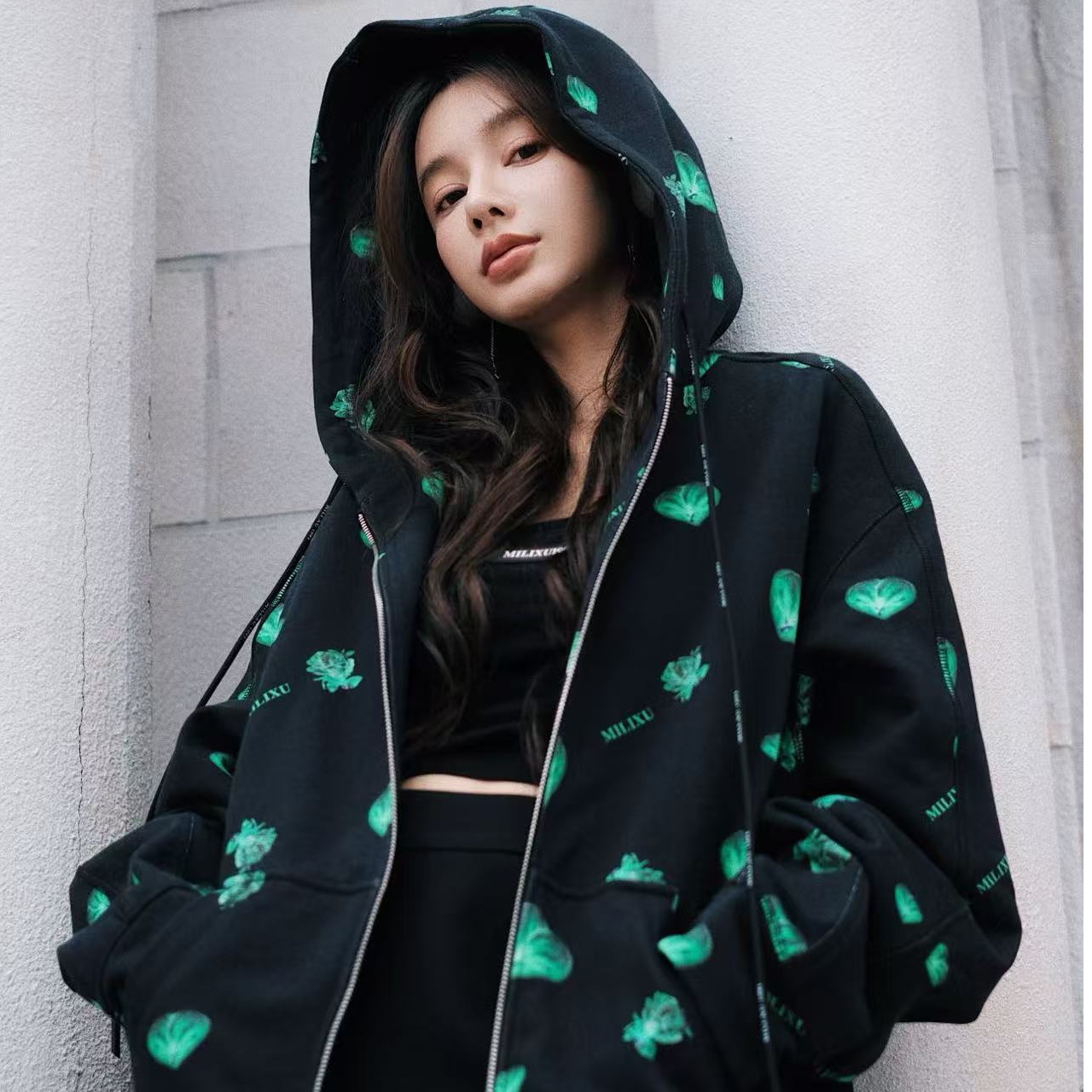 U/TI【MILIXU系列】无花果满印图案慵懒风宽松拉链款连帽卫衣开衫