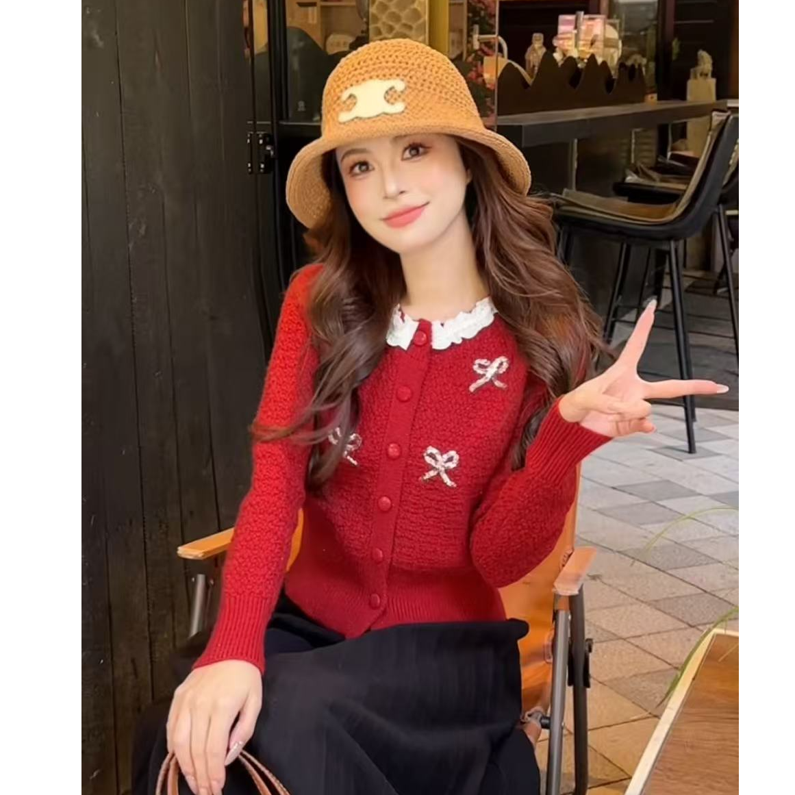 新款千金小香风撞色针织上衣女2025秋冬新款穿搭毛衣开衫#9350