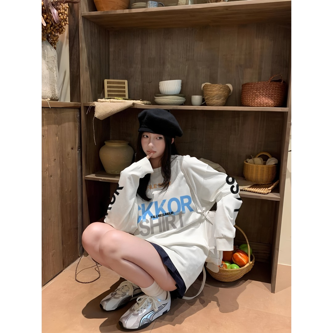 YWBY美式慵懒长袖t恤秋冬新款时尚潮牌oversize酷飒风女装高级感