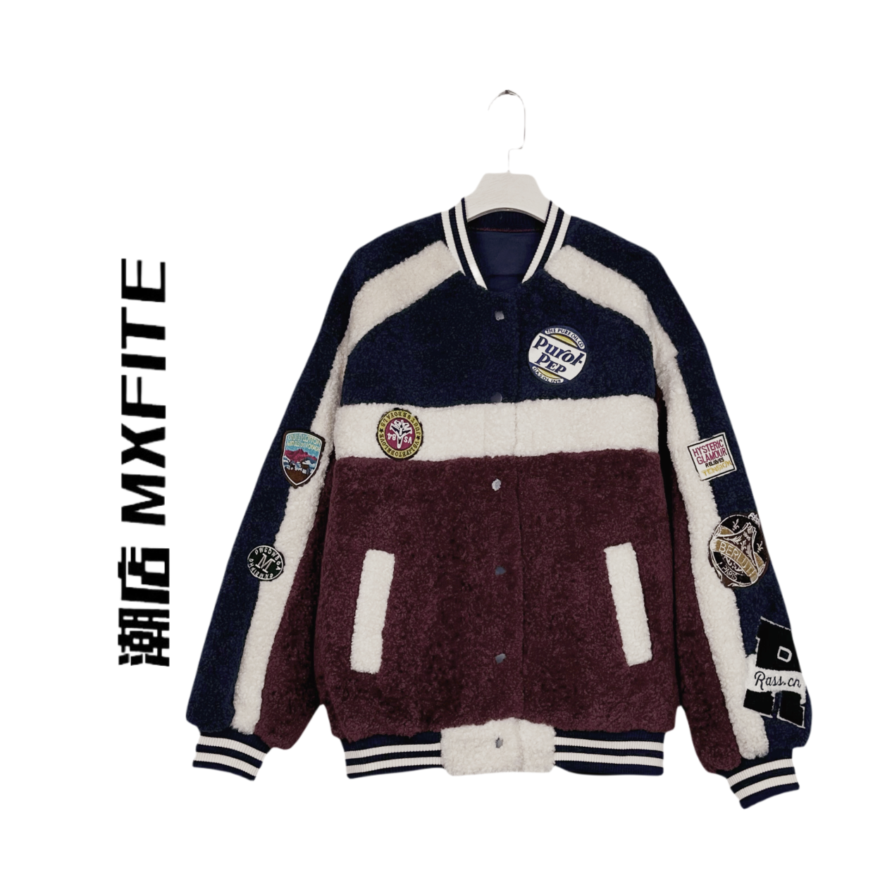 MXFITE潮店秋冬新款个性拼接贴布印花绒毛长袖外套（AN83003）