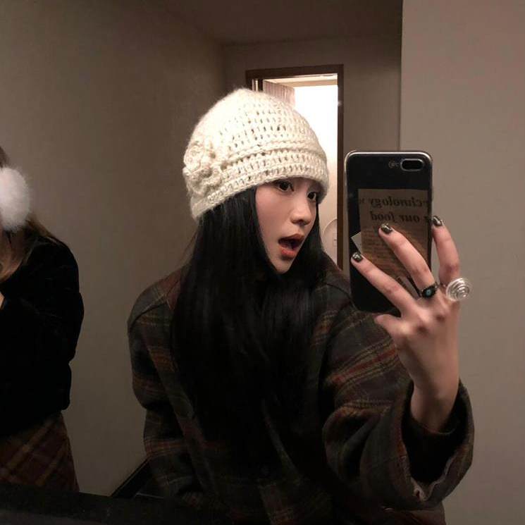 细闪花朵针织包头帽子女秋冬百搭保暖冷帽氛围感显脸小毛线套头帽