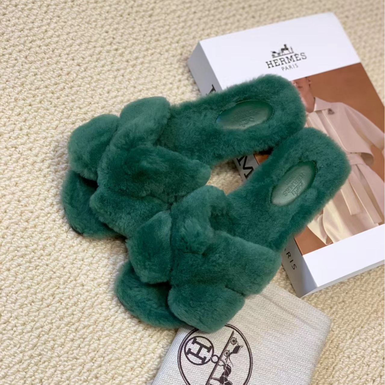 99新 Hermes/爱马仕 壹臻/绿色H毛毛拖鞋 37 77265984