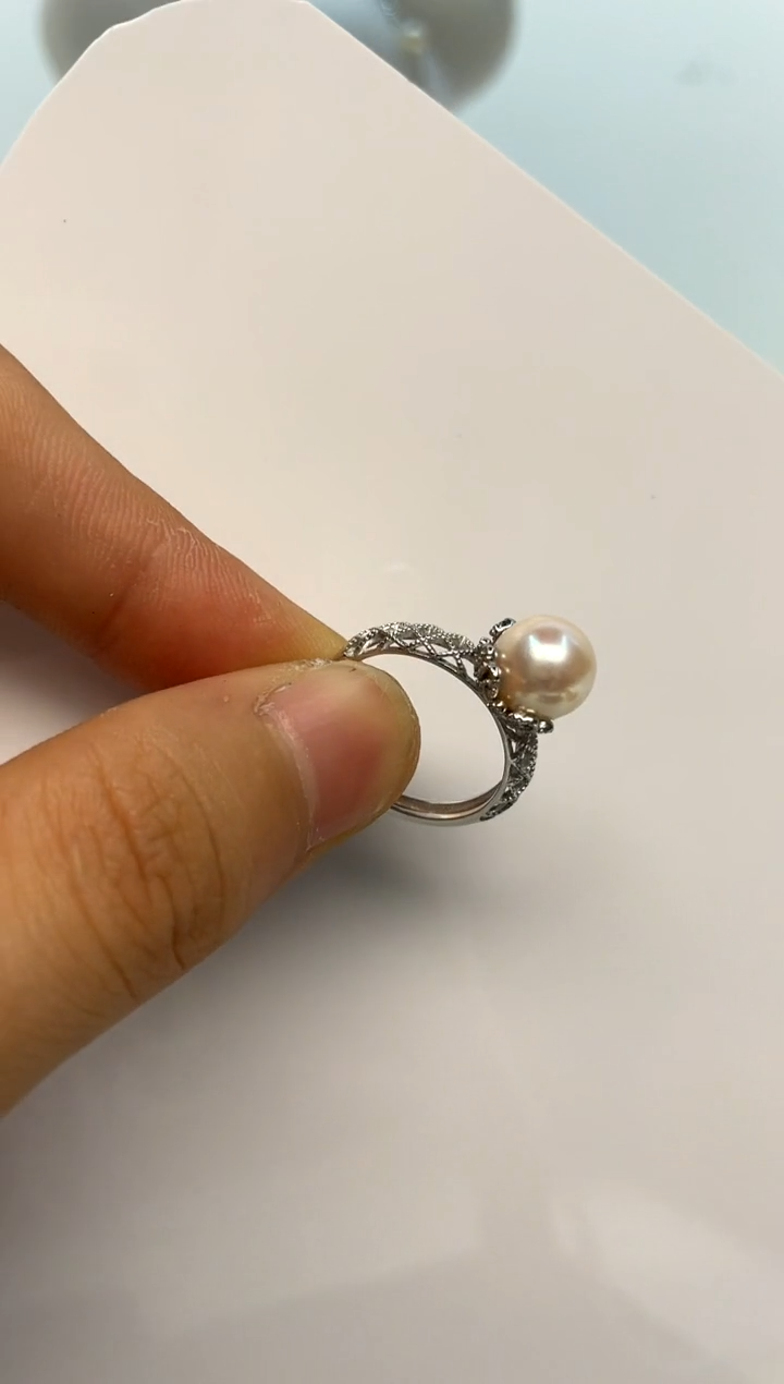 银S925镶嵌戒指海水珍珠8-9