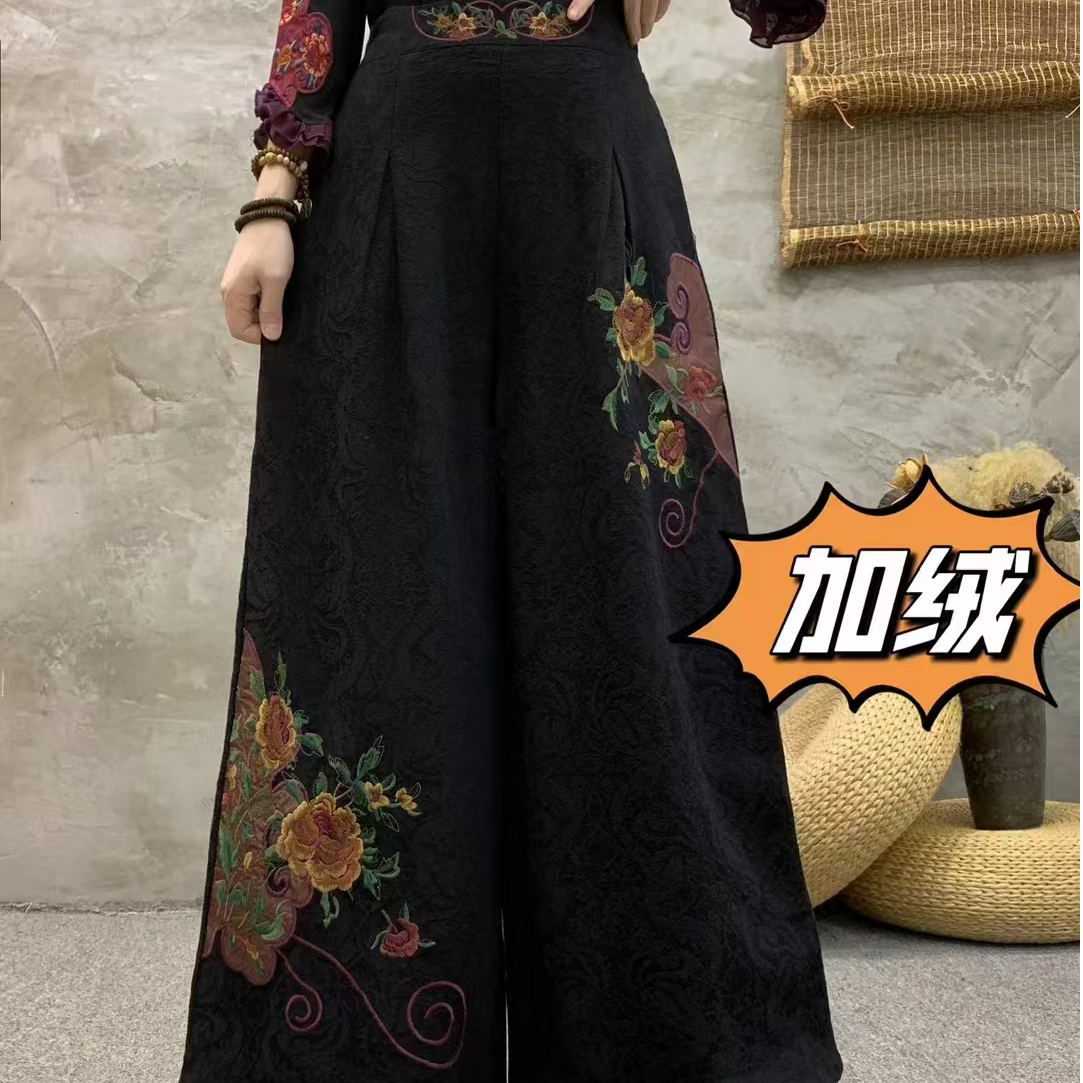 【正品保证】加绒加厚双层棉麻冬季民族风高端复古绣花高腰阔腿裤