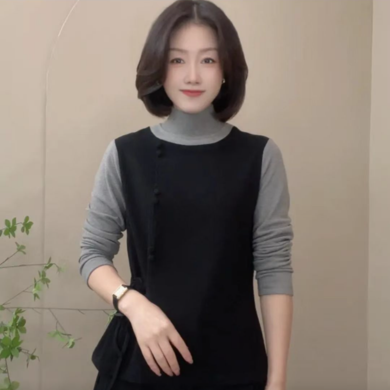 冬款新品半高领假两件打底衫气质系绳女装纯色长袖小衫
