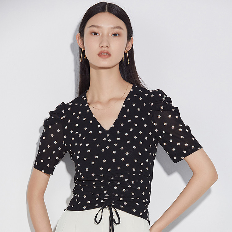 【芊芊专属】复古波点衬衫泡泡袖抽绳短款短袖衬衣气质修身