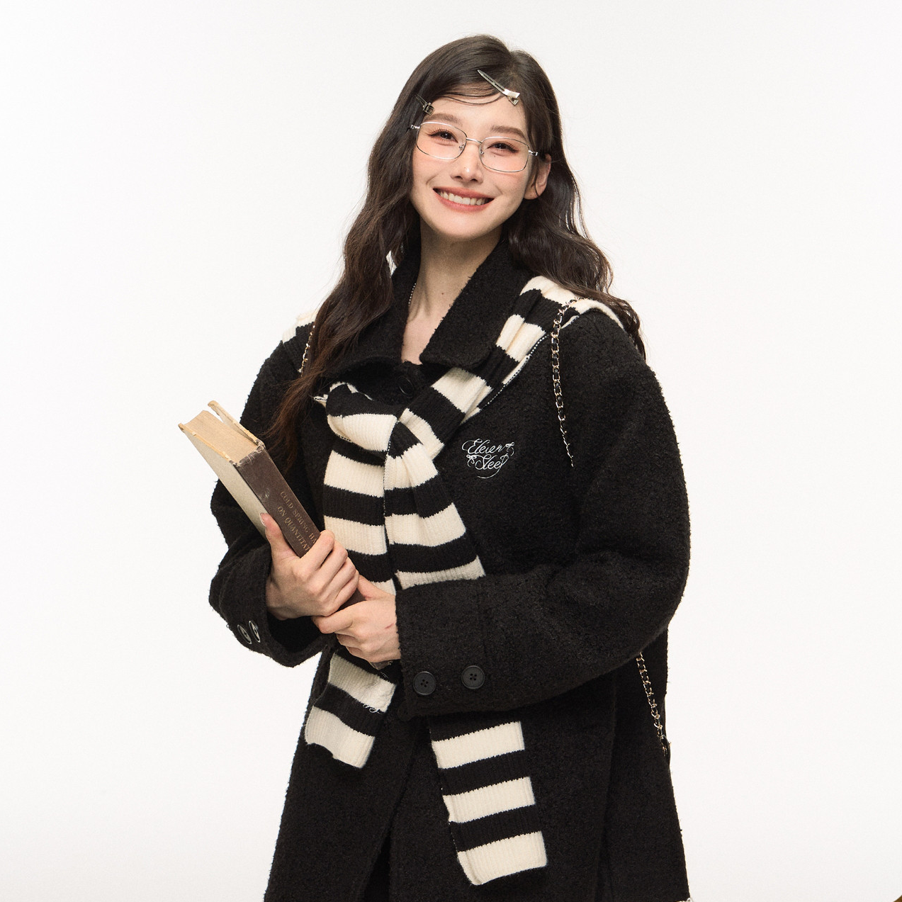 ELEVEN SLEEP秋冬黑色毛呢子大衣外套女韩系学院加厚保暖长袖上衣