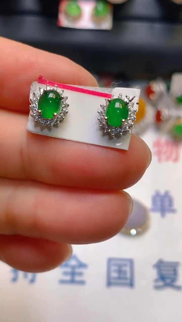【闪购商品】翡翠耳饰银S925镶嵌天然A货翡翠1