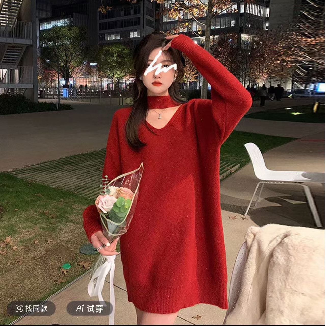 【慕妍专属】衣长78#圣诞色亮闪闪挂脖中长款加厚毛衣裙