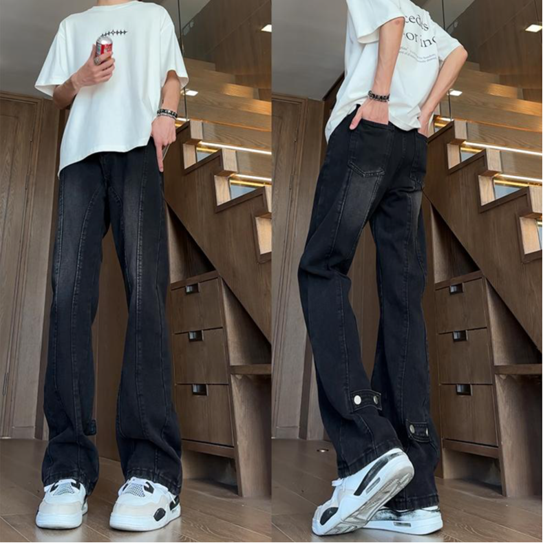  美式复古拼接按扣设计牛仔裤男女款宽松高街裤子直筒微喇叭裤