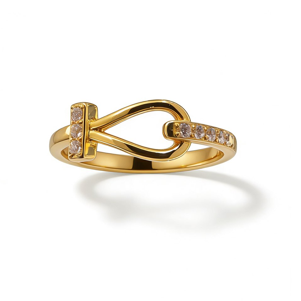 金至福6D足金马蹄扣镶嵌戒指 气质轻奢时尚ins设计师