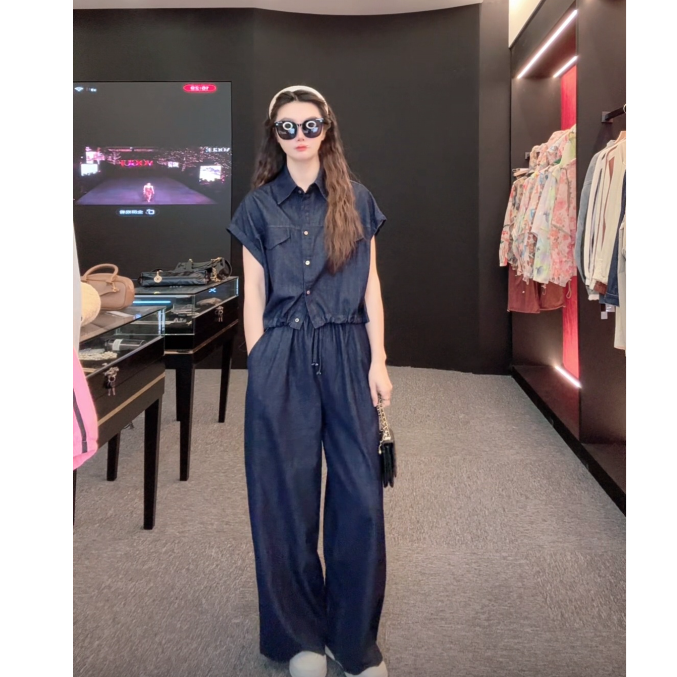 Meng 艺术旅途 春夏港风气质短袖时尚复古牛仔套装339