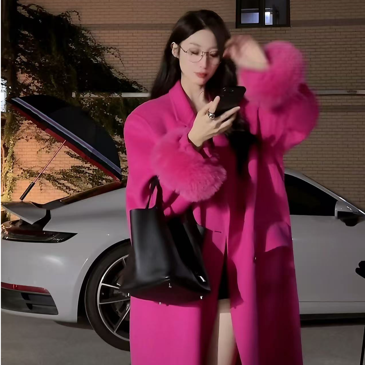 施施专属100羊毛时尚宽松超长大衣女秋冬可拆卸真狐狸毛外套