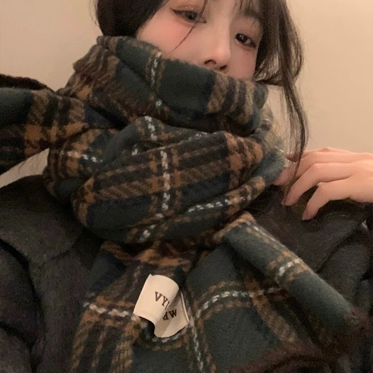 美拉德风温柔格子围巾女冬季英伦复古仿羊绒围脖长款保暖披肩学生