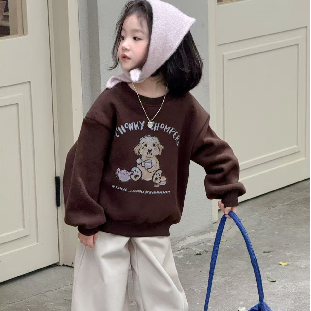 M533咖色一体绒卫衣童装/喵可