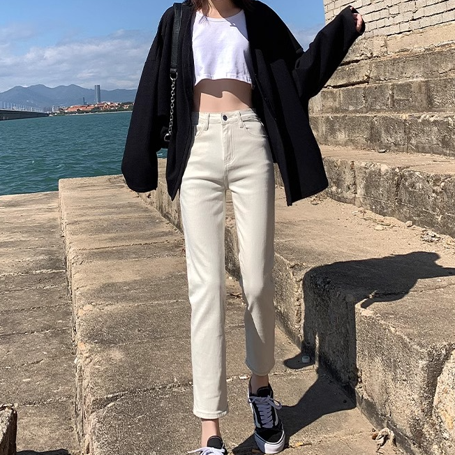 牛仔裤女2025秋季新款弹力杏色烟管高腰显瘦直筒法棍小个子裤子