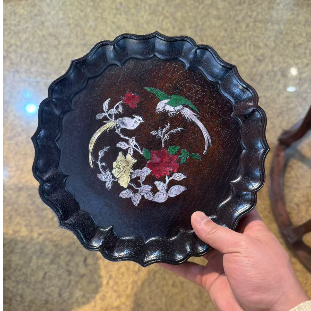 非洲紫檀   镶嵌贝壳  圆形  茶盘  托盘