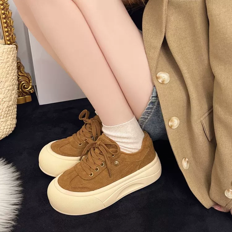 2025新款厚底增高系带磨砂皮帆布鞋女百搭经典休闲鞋松糕板鞋