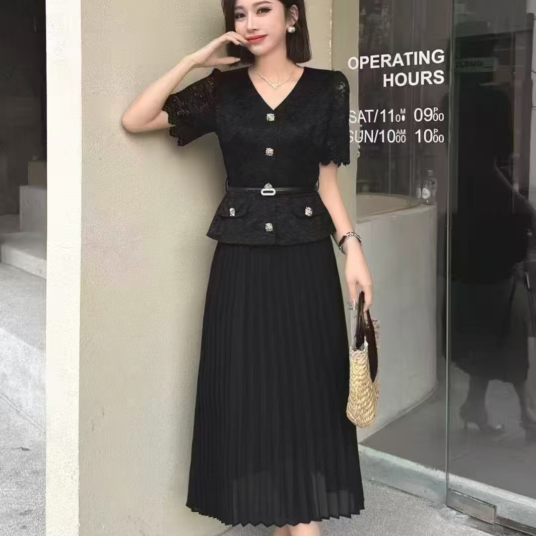 23531 夏季拼接常规款U型领短袖连衣裙时尚收腰气质显瘦 F99