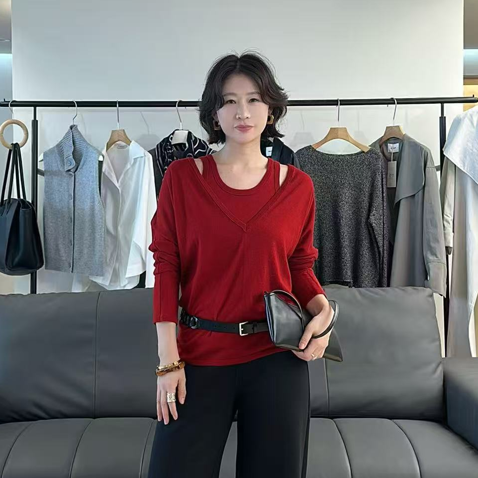 复古港风真两件女针织毛针织衫秋季毛衣上衣显瘦13092#