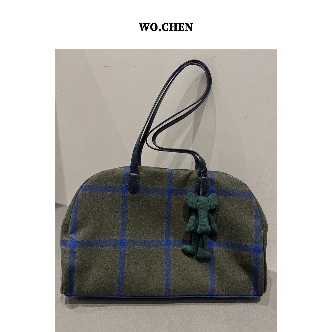 （不带挂饰）新款毛呢拼牛皮托特包大容量单肩斜挎包