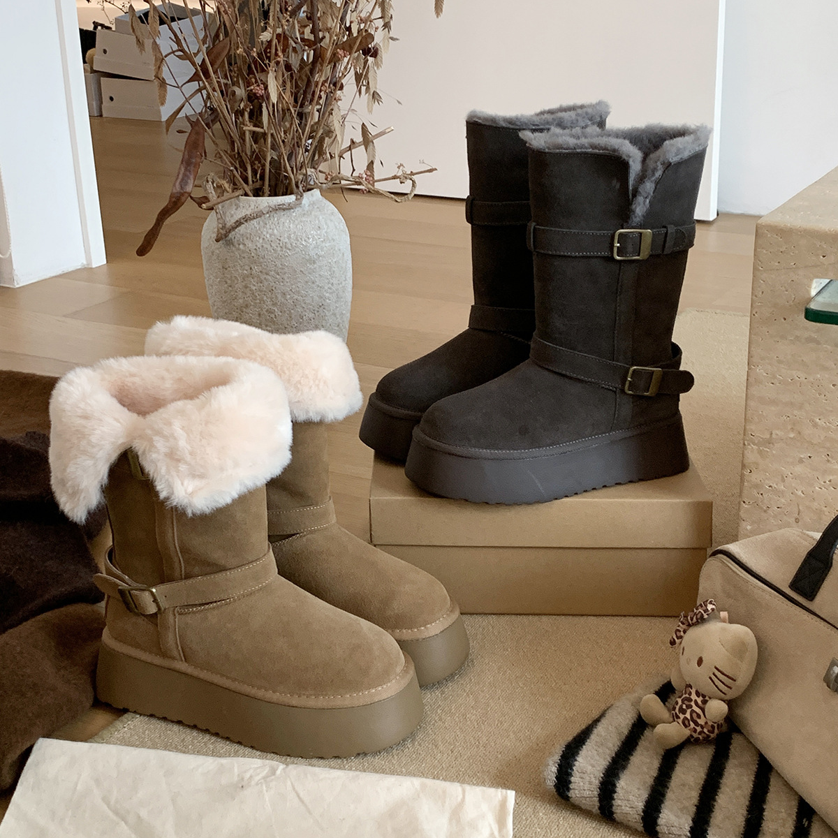 短靴/长靴~5公分时尚厚底雪地靴2025冬外穿加绒保暖棉靴毛毛加厚