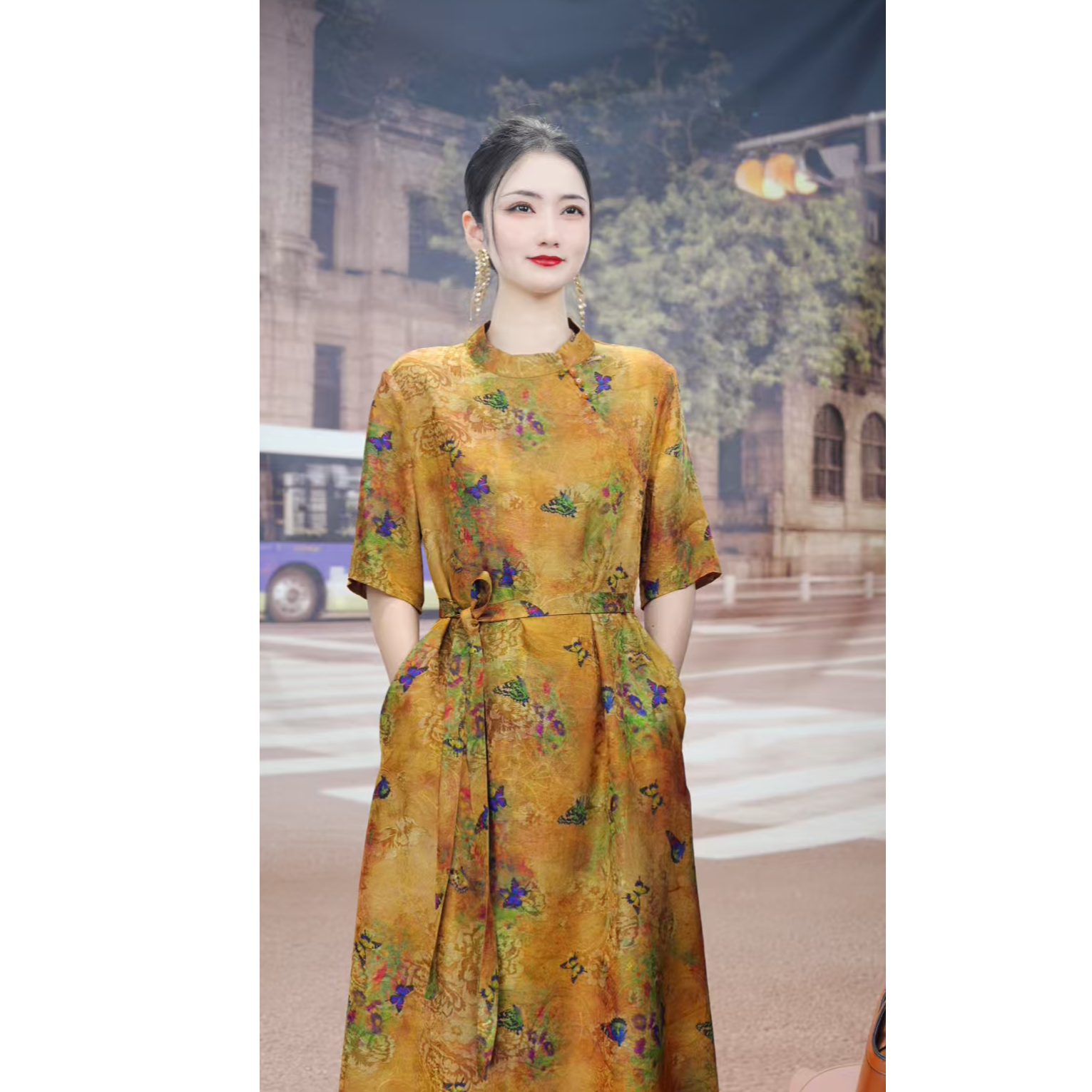 [金蝶寻芳]花萝琉璃扣气质妈妈装显瘦云纱中国风连衣裙夏季LY033