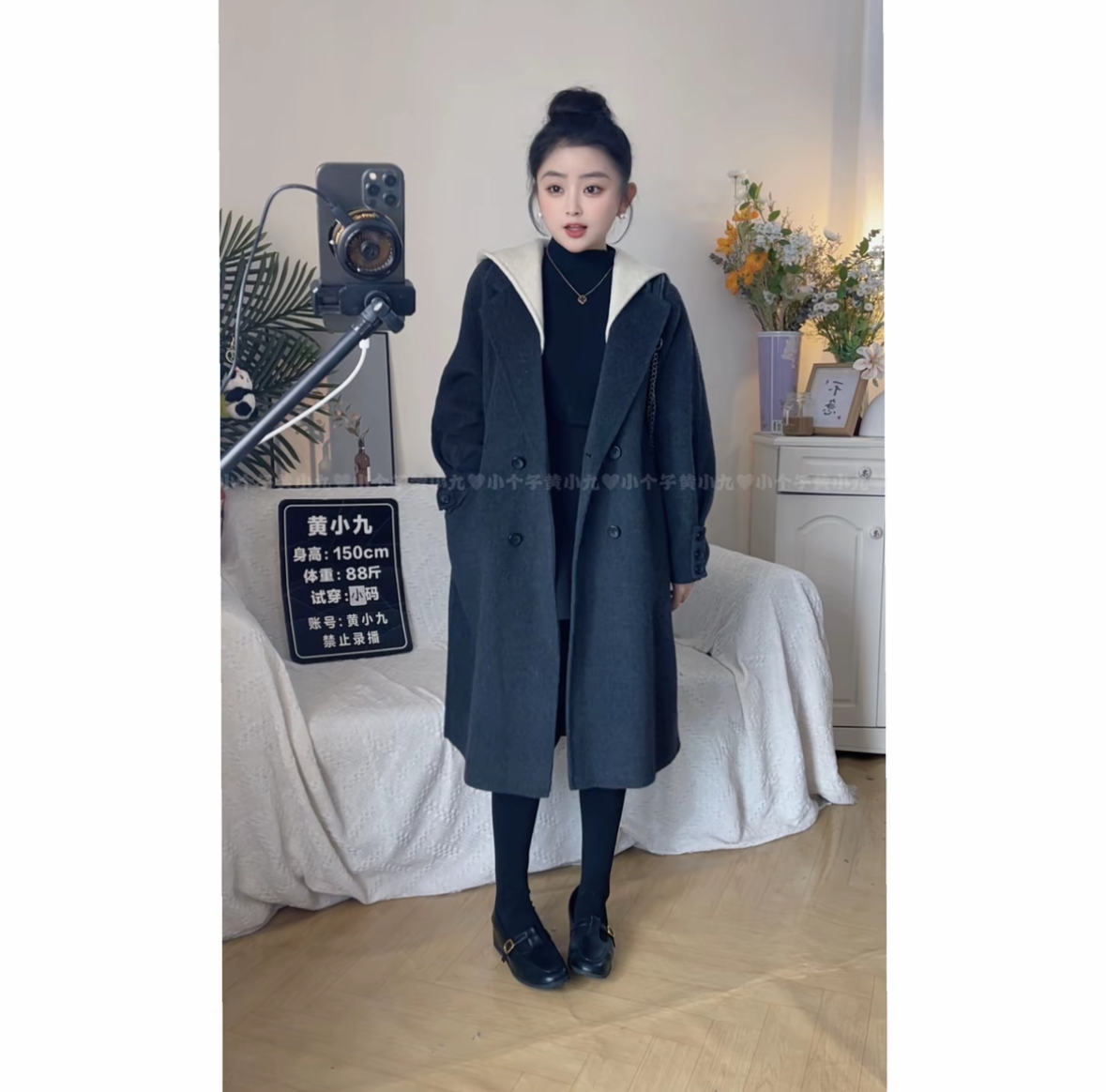 【黄小九】2025新款秋冬中长款连帽长款毛呢外套女