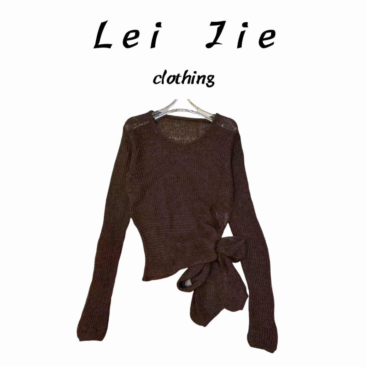 【Lei Jie】法式U领侧边绑带下摆堆堆镂空针织上衣066