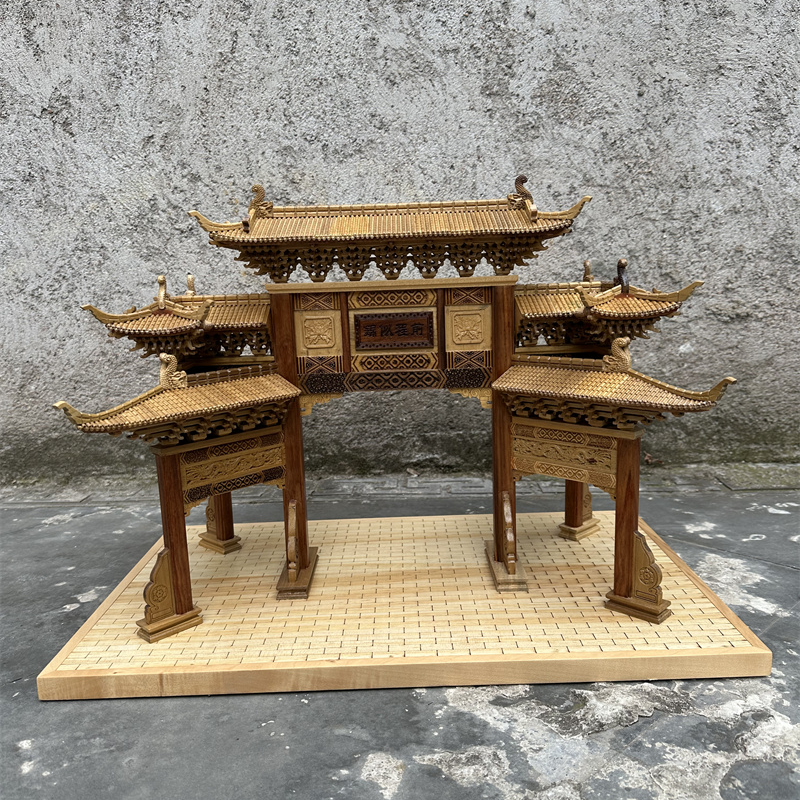 中式东阳木雕古建筑模型牌楼客厅办公室书房摆件礼品