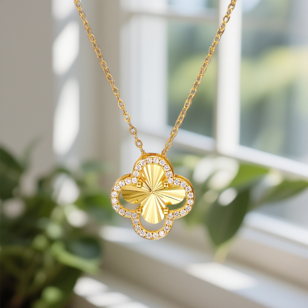 坠链均925银锆石 镭射幸运四叶草吊坠生日礼物送女生项链