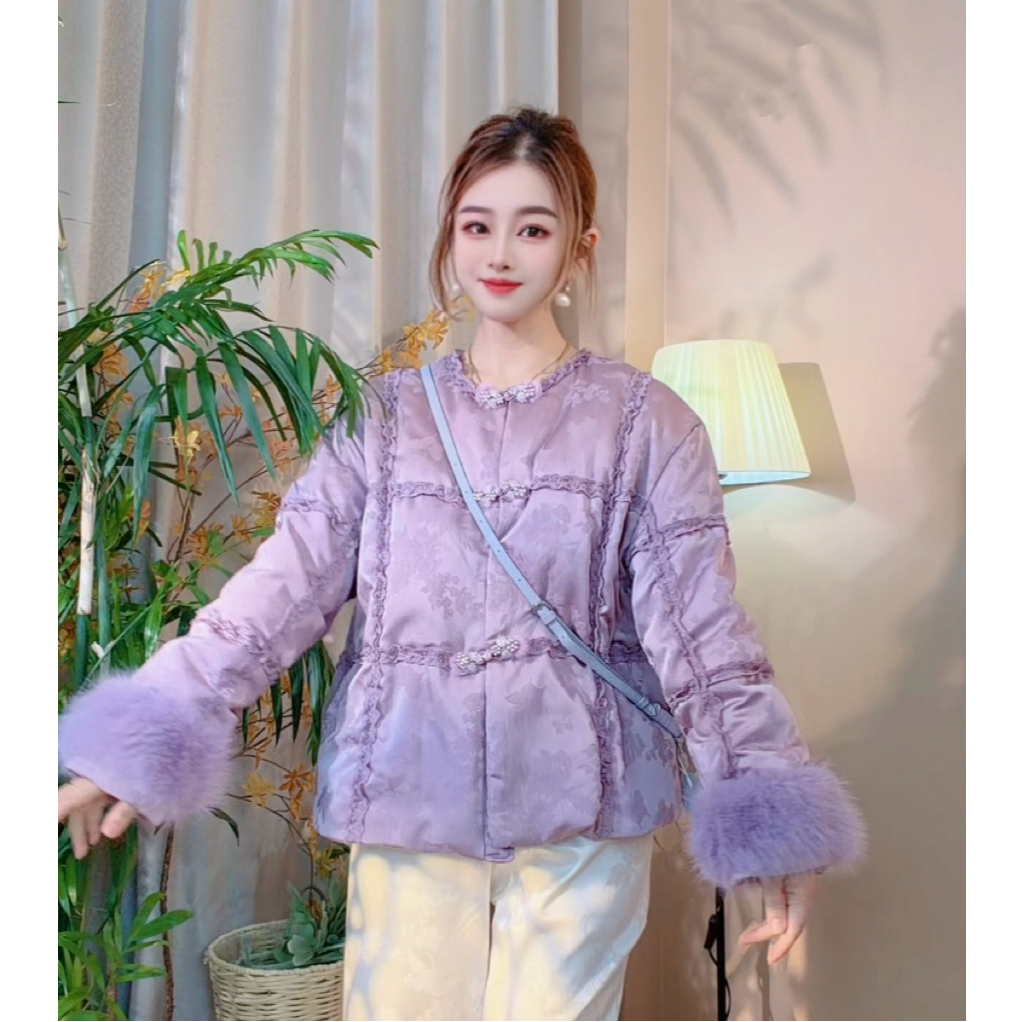 [温婉]新款冬季常规款新中式羽绒服款短外套百搭保暖环保毛紫色