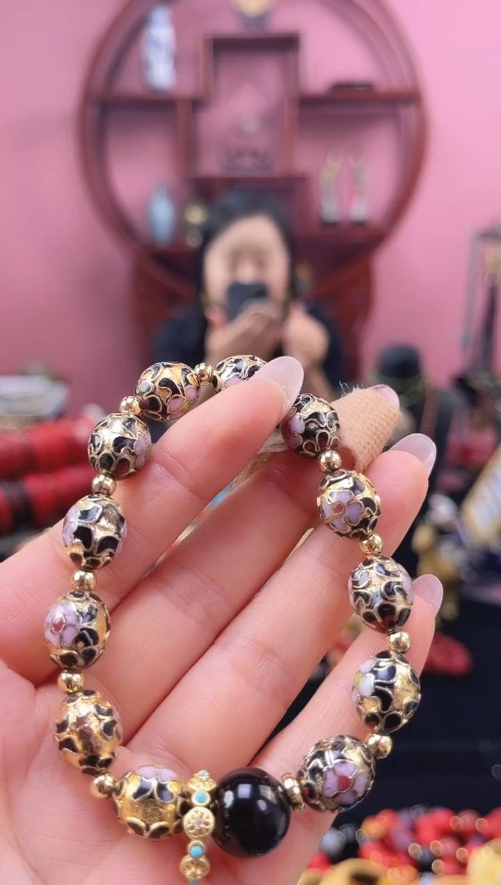 非遗 景泰蓝手串 金地枣珠 黑色